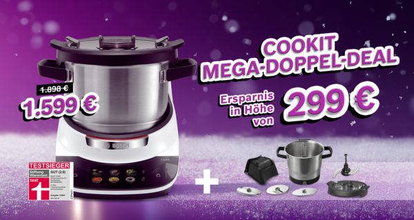 Bosch Cookit Mega-Doppel-Deal: K&uuml;chenmaschine im Angebot f&uuml;r 1.599 &euro; statt 1.898 &euro;, inklusive zweitem Topf und Zubeh&ouml;r. Spare 299 &euro;. Stiftung Warentest Testsieger mit Note 2,0.
