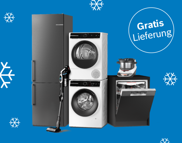 Mehrere Haushaltsgeräte vor blauem Hintergrund mit Schneeflocken: grauer Kühlschrank, weiße Waschmaschine und Trockner, schwarzer Geschirrspüler mit offenem Tür, schwarzer Staubsauger. Weißer Kreis mit Text 'Gratis Lieferung'.