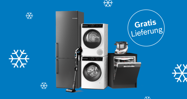 Mehrere Haushaltsgeräte vor blauem Hintergrund mit Schneeflocken: grauer Kühlschrank, weiße Waschmaschine und Trockner, schwarzer Geschirrspüler mit offenem Tür, schwarzer Staubsauger. Weißer Kreis mit Text 'Gratis Lieferung'.