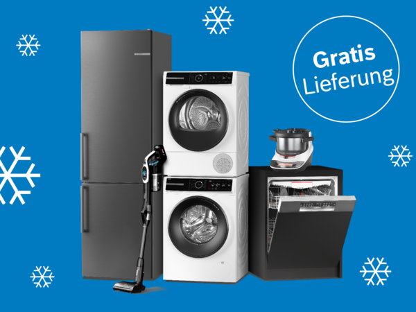 Mehrere Haushaltsgeräte vor blauem Hintergrund mit Schneeflocken: grauer Kühlschrank, weiße Waschmaschine und Trockner, schwarzer Geschirrspüler mit offenem Tür, schwarzer Staubsauger. Weißer Kreis mit Text 'Gratis Lieferung'.