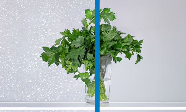 Връзка пресни зелени билки в чаша е показана зад разделен изглед, сравняващ покрита с конденз повърхност отляво с чиста повърхност без влага отдясно.