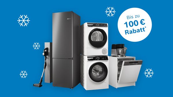 Haushaltsgeräte auf blauem Hintergrund mit Schneeflocken und dem Hinweis, dass es bis zu 100 € Rabatt im Bosch Online Shop gibt