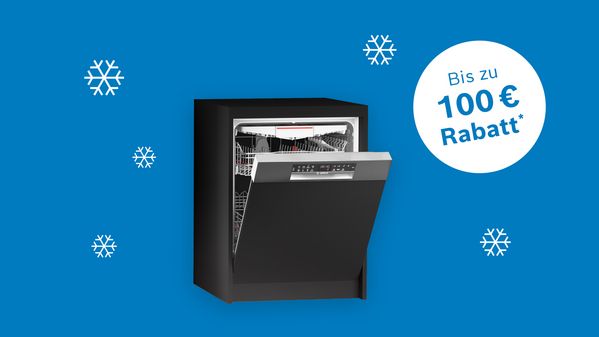 Haushaltsgeräte auf blauem Hintergrund mit Schneeflocken und dem Hinweis, dass es bis zu 100 € Rabatt im Bosch Online Shop gibt
