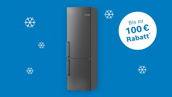 Haushaltsger&auml;te auf blauem Hintergrund mit Schneeflocken und dem Hinweis, dass es bis zu 100 &euro; Rabatt im Bosch Online Shop gibt