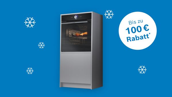 Haushaltsger&auml;te auf blauem Hintergrund mit Schneeflocken und dem Hinweis, dass es bis zu 100 &euro; Rabatt im Bosch Online Shop gibt