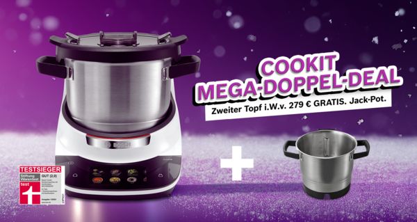 Bosch Cookit Mega-Doppel-Deal: K&uuml;chenmaschine zum Aktionspreis von 1.399 &euro; statt 1.678 &euro;, inklusive zweitem Topf im Wert von 279 &euro; gratis; Testsieger Stiftung Warentest (2,0).