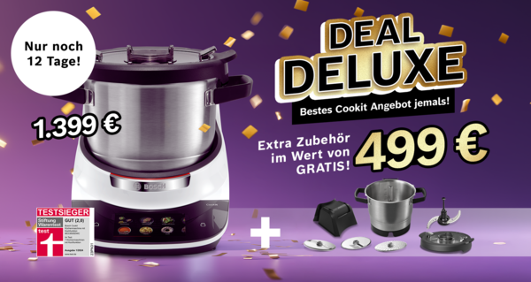Bosch Cookit Küchenmaschine – Deal Deluxe Angebot: 1.399 € inklusive Gratis-Zubehör im Wert von 499 €. Testsieger Stiftung Warentest (Note 2,0). Goldene Konfetti und violetter Hintergrund.