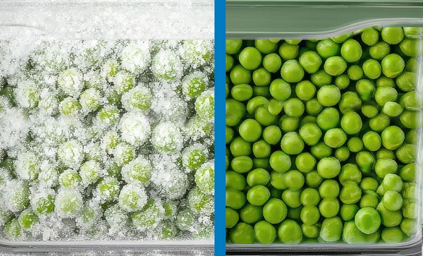 Паралелно сравнение на грах, покрит със силен скреж отляво, срещу грах, запазен чист и без скреж отдясно.