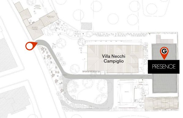 Illustrative map showing entry gate to Villa Necchi Campiglio and the Presence experience