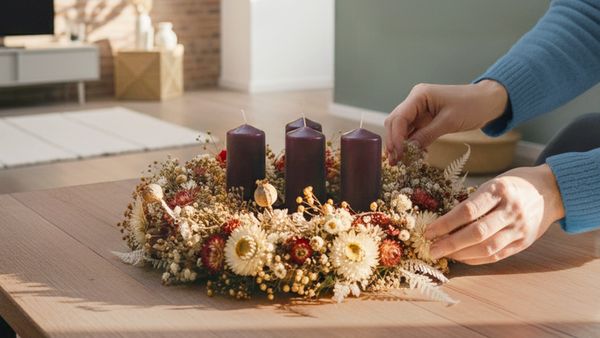 Eine Person stellt einen Kranz aus Trockenblumen auf einen Tisch, darin stehen vier Kerzen.