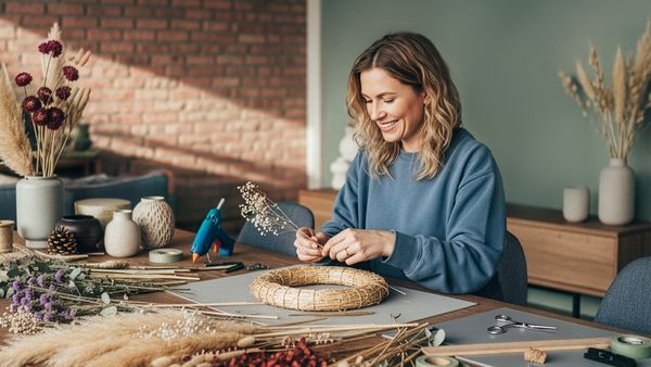 Eine Frau im blauen Pullover sitzt an einem Tisch und bastelt einen Kranz mit Trockenblumen.