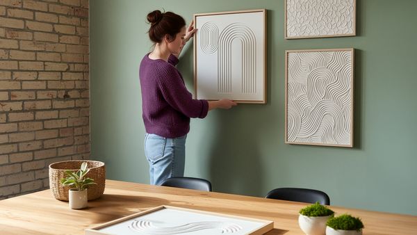 Eine brünette Frau in legerer Kleidung platziert ein selbstgemachtes Strukturbild an einer mattgrünen Wand, neben zwei anderen Strukturbildern.