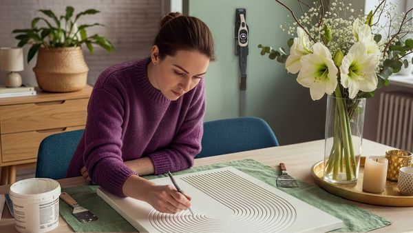 Eine brünette Frau im lilafarbenen Pullover sitzt an einem Holztisch auf einem petrolfarbenen Stuhl und zeichnet Linien in ein Strukturbild aus Strukturpaste.