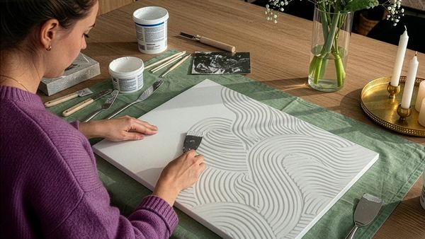 Eine Frau arbeitet an einem Strukturbild, vor ihr auf dem Tisch liegen verschiedene Werkzeuge und Behälter mit Strukturpaste.