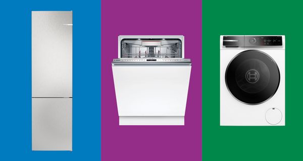 Numerous Bosch appliances in front of different coloured backgrounds