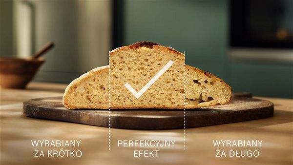 Bochenek chleba z trzema sekcjami pokazującymi doskonałe i złe rezultaty pieczenia, oddzielone liniami: sekcja środkowa opatrzona znacznikiem i napisem &bdquo;doskonałe&rdquo;. Lewa sekcja opatrzona napisem &bdquo;niedostateczne wyrobienie&rdquo;, a prawa &ndash; &bdquo;nadmierne wyrobienie&rdquo;.