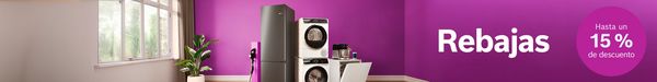 Imagen promocional que muestra varios electrodom&eacute;sticos sobre un piso de madera, contra una pared violeta, anunciando hasta un 15% de descuento.
