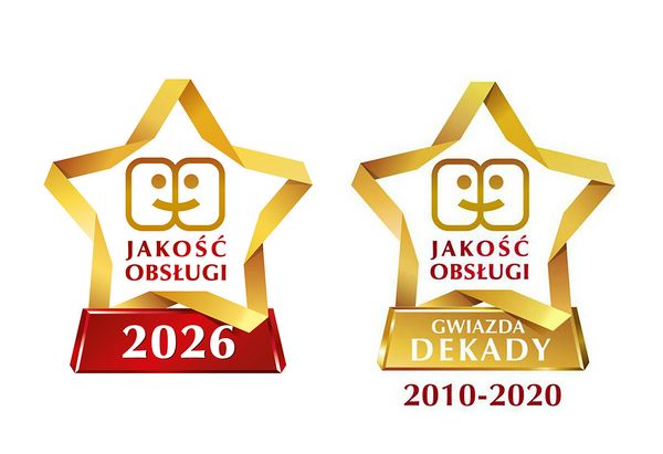Dwie złote nagrody: &bdquo;Jakość Obsługi 2025&rdquo; i &bdquo;Gwiazda Dekady 2010-2020&rdquo;, symbolizujące jakość usług.   