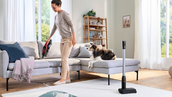 Zu sehen ist eine Frau in legerer Kleidung, die mit einem Bosch Staubsauger eine helle Couch reinigt, w&auml;hrend ein Hund entspannt hinter ihr auf der Couch liegt.