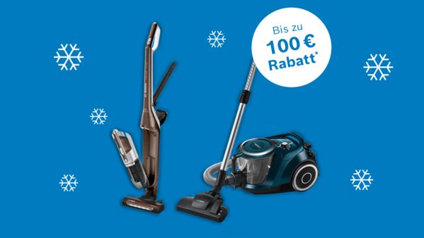 Staubsauger auf blauem Hintergrund mit Schneeflocken und dem Hinweis, dass es bis zu 100 &euro; Rabatt im Bosch Online Shop gibt
