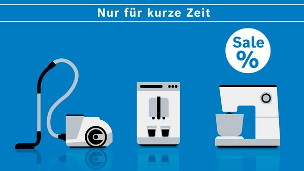 Kleine Haushaltsger&auml;te auf blauem Hintergrund mit dem Hinweis zu einem Sale Bereich im Bosch Online Shop.