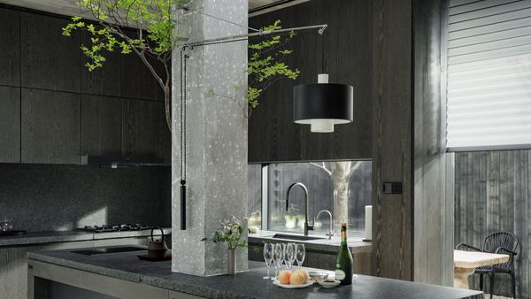 View of the kitchen with it&rsquo;s palette of Chinese water colours and natural materials