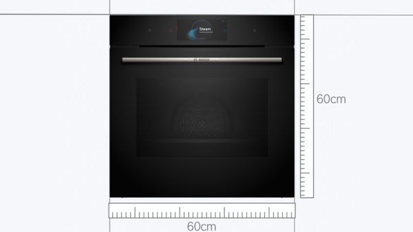 Фурна Bosch от 60 см със синя лента за измерване за показване на размера.
