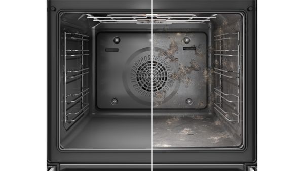 Разделено изображение, показващо мръсна вътрешност на фурна отдясно и чиста вътрешност на фурна отляво.