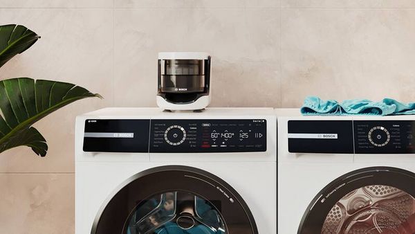 Microplastic filter on top of laundry appliance front view
