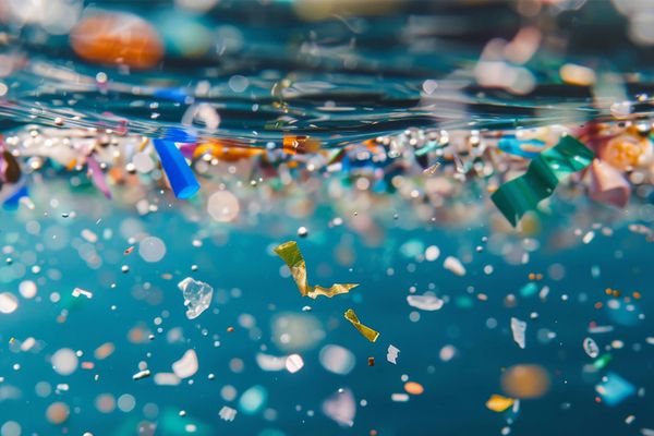 Lots of tiny coloured microplastic floating in water