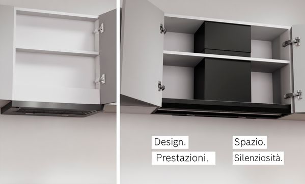 Schermo diviso che mostra un vecchio modello di cappa telescopica accanto alla nuova cappa integrata nel pensile.