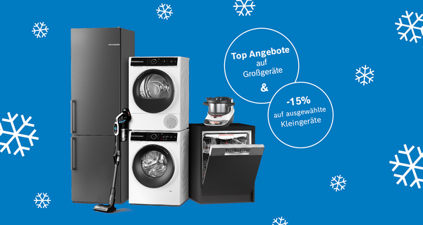 Mehrere Bosch Haushaltsgro&szlig;ger&auml;te und Kleinger&auml;te vor blauem Hintergrund mit wei&szlig;en Schneeflocken und Text in wei&szlig;en Kreisen 'Top Angebote auf Gro&szlig;ger&auml;te & -15% auf ausgew&auml;hlte Kleinger&auml;te'