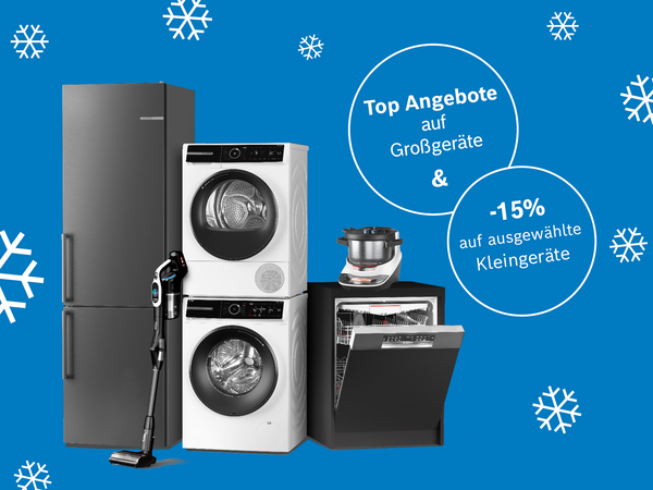 Mehrere Bosch Haushaltsgro&szlig;ger&auml;te und Kleinger&auml;te vor blauem Hintergrund mit wei&szlig;en Schneeflocken und Text in wei&szlig;en Kreisen 'Top Angebote auf Gro&szlig;ger&auml;te & -15% auf ausgew&auml;hlte Kleinger&auml;te'