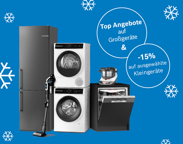 Mehrere Bosch Haushaltsgro&szlig;ger&auml;te und Kleinger&auml;te vor blauem Hintergrund mit wei&szlig;en Schneeflocken und Text in wei&szlig;en Kreisen 'Top Angebote auf Gro&szlig;ger&auml;te & -15% auf ausgew&auml;hlte Kleinger&auml;te'