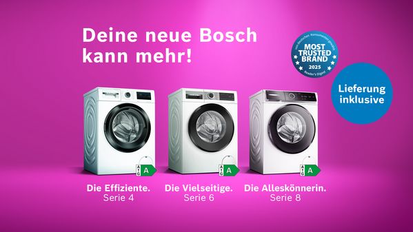 Magenta-farbener Hintergrund, auf dem drei Bosch Waschmaschinen zu sehen sind und der Hinweis auf Kostenlose Lieferung im Bosch Online Shop