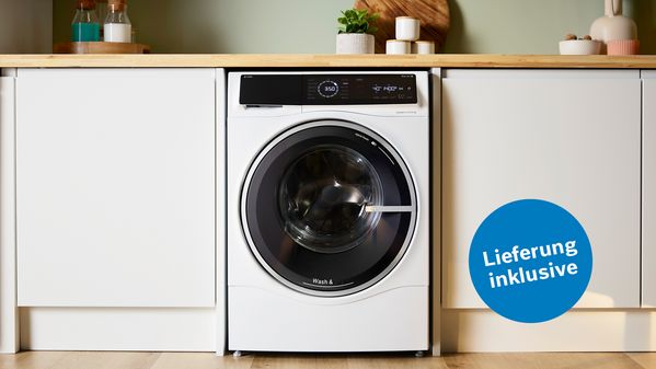 K&uuml;chenzeile mit Bosch Waschtrockner und dem Hinweis auf kostenlose Lieferung