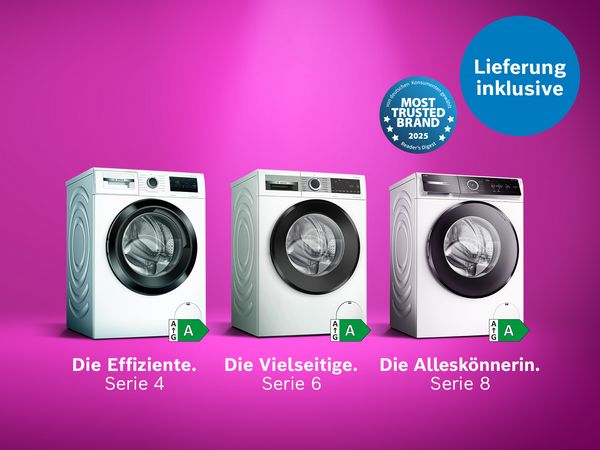 Magenta-farbener Hintergrund, auf dem drei Bosch Waschmaschinen zu sehen sind