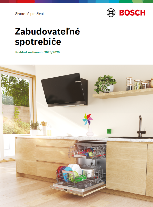 Katal&oacute;g zabudovateľn&yacute;ch spotrebičov Bosch pre rok 2024/2025 v moderne vybavenej kuchyni.