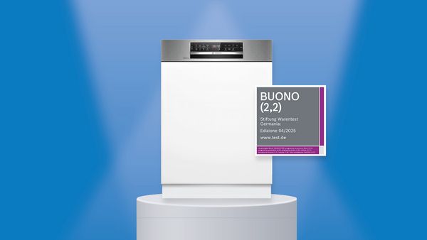 Lavastoviglie su piedistallo con etichetta e voto di valutazione su sfondo blu.