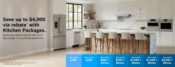 Save up to $4,000 via rebate* with Kitchen Packages. Build your dream kitchen and score big savings on qualifying appliances.