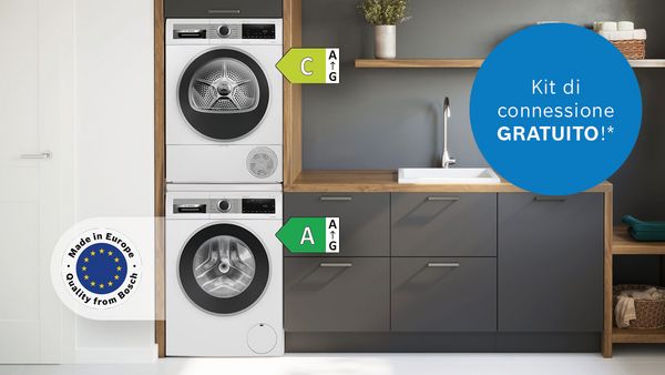 In un appartamento luminoso si trova una torre di lavaggio della serie 6 di Bosch.