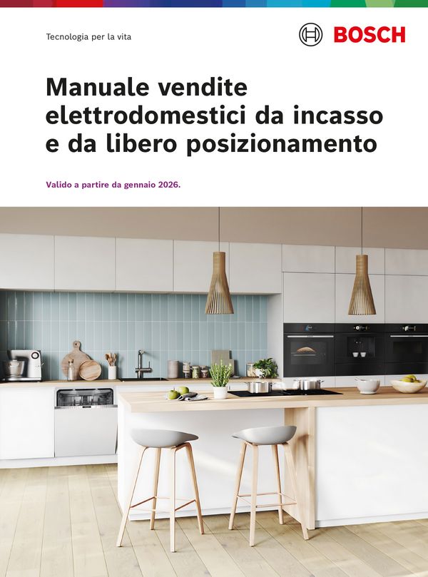 Cucina moderna con elettrodomestici Bosch, piano di lavoro in legno e illuminazione naturale.