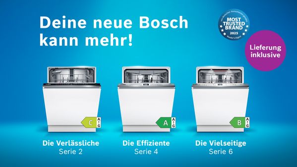 Blauer Hintergrund, auf dem drei Bosch Sp&uuml;lmaschinen zu sehen sind und der Hinweis auf kostenlose Lieferung jetzt im Online Shop 