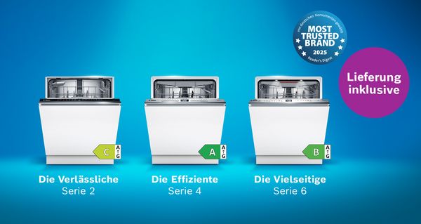 Blauer Hintergrund, auf dem drei Bosch Sp&uuml;lmaschinen zu sehen sind und der Hinweis auf kostenlose Lieferung jetzt im Online Shop