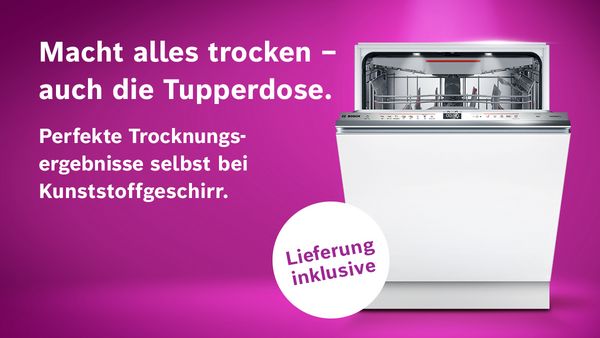 Sp&uuml;lmaschine auf magenta Hintergrund mit Hinweis auf Aktion und Produkt Highlights