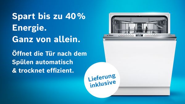 Sp&uuml;lmaschine auf blauem Hintergrund mit Hinweis auf Aktion und Produkt Highlights