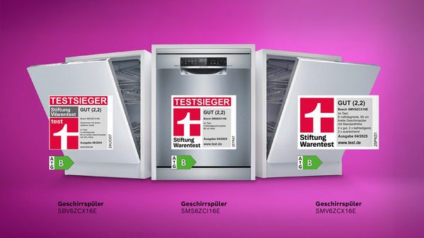 Pinker Hintergrund mit drei Bosch Sp&uuml;lmaschinen, die von Stiftung Warentest ausgezeichnet wurden