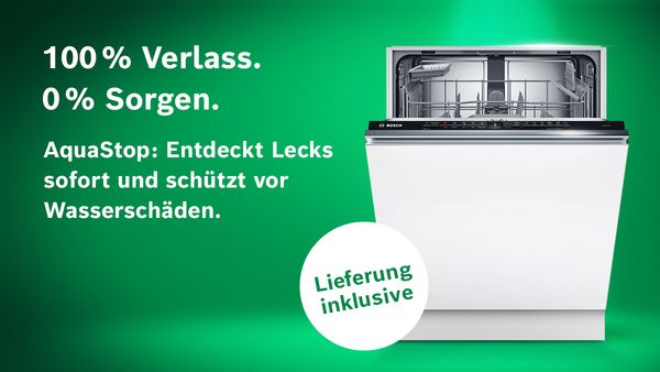 Sp&uuml;lmaschine auf gr&uuml;nem Hintergrund mit Hinweis auf Aktion und Produkt Highlights