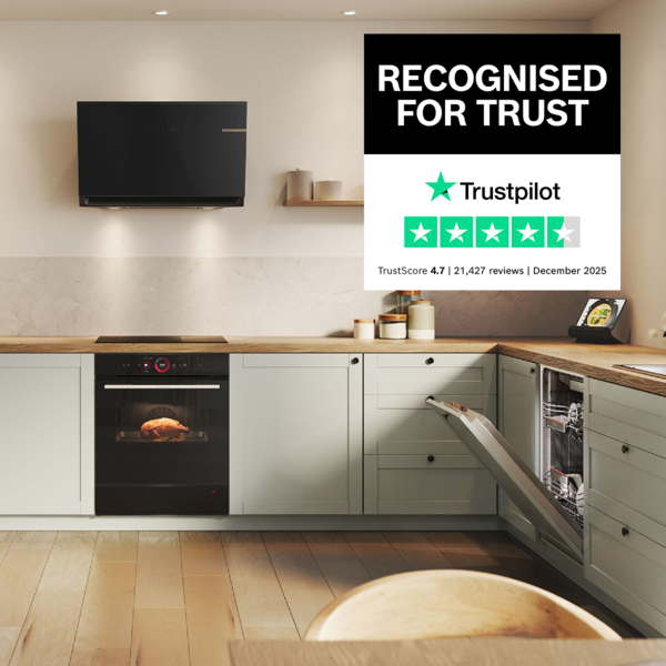 Light spacious kitchen with numerous Bosch appliances and Recognised For Trust reviews icon overlay