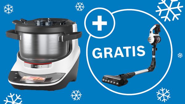Bosch Cookit, Edelstahlsch&uuml;ssel, Touchscreen, blauer Schneeflocken-Hintergrund. Daneben eine Bubble mit einem Bosch Staubsauger und dem Text 'gratis'.